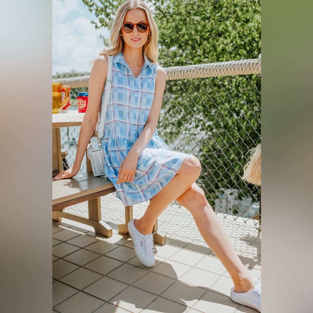 Tuckernuck Westport Trellis Sleeveless Hayes Shirt Dress Mini Blue Large L